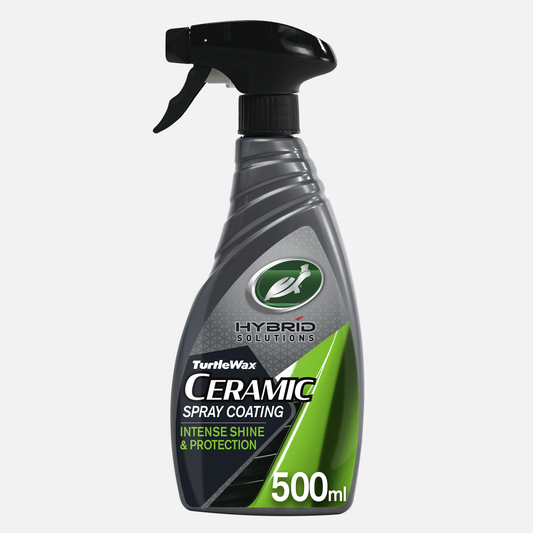 Turtle Wax Hybrid Solutions ceramic coating spray. Grey bottle with black spray trigger. For car shine and protection.