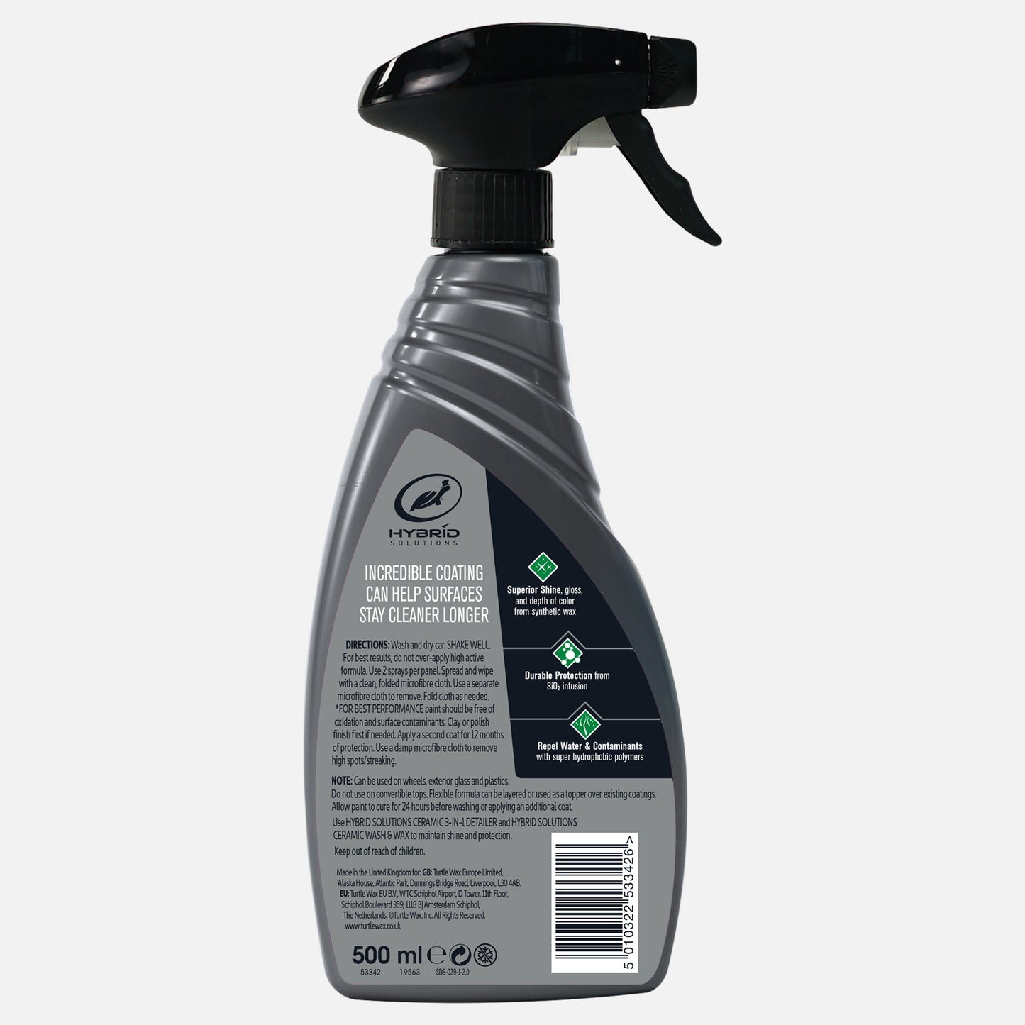 Turtle Wax Hybrid Solutions spray for vehicle surface protection. Durable coating for superior shine. 500ml bottle.