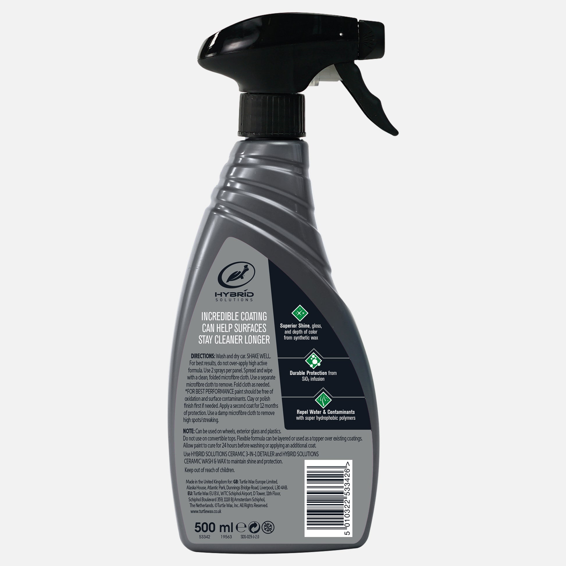 Turtle Wax Hybrid Solutions spray for vehicle surface protection. Durable coating for superior shine. 500ml bottle.