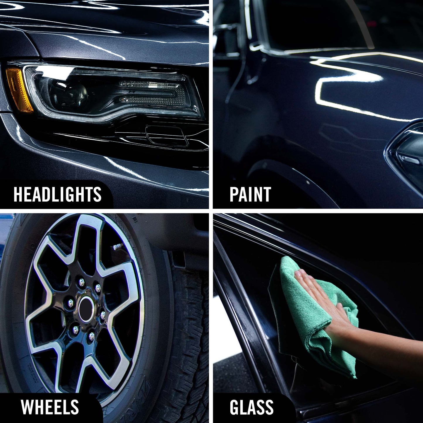 Collage of car maintenance tasks including headlights, paint, wheels, and glass cleaning.