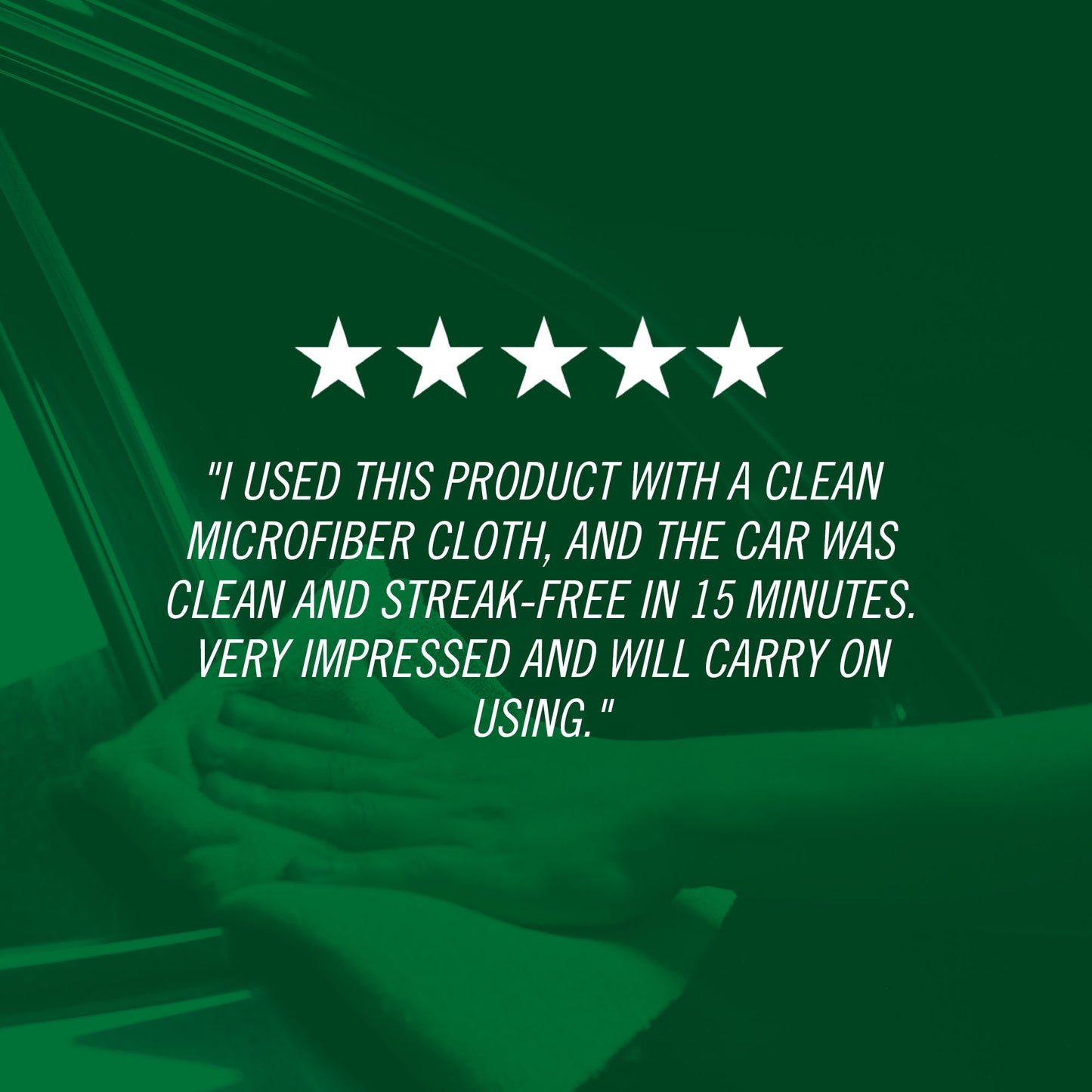 Five-star rating text on a car cleaning product with a green overlay