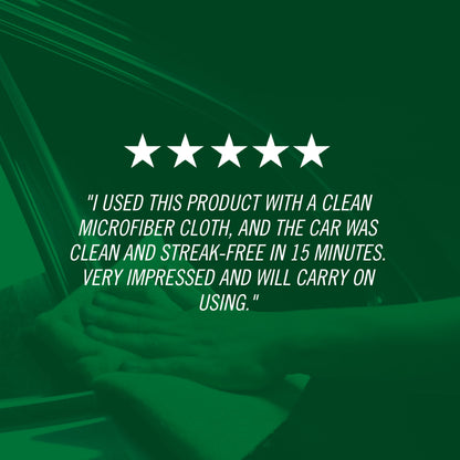 Five-star rating text on a car cleaning product with a green overlay