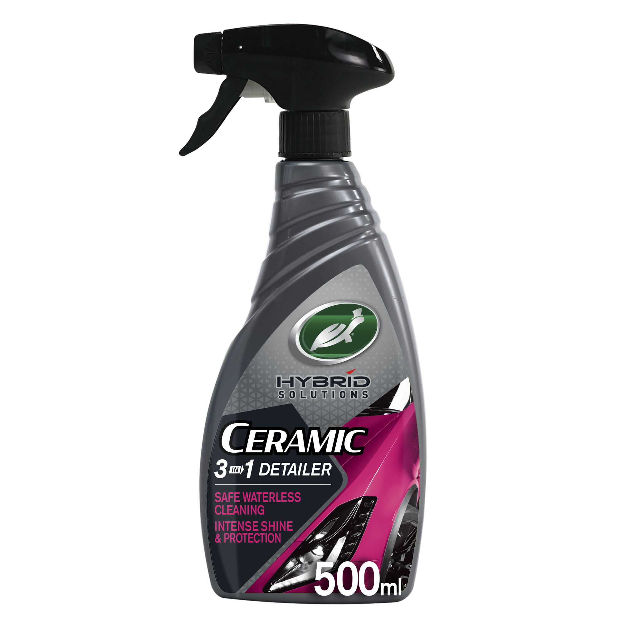 Turtle Wax Hybrid Solutions Ceramic 3-in-1 Detailer in a 500ml spray bottle. Car detailing product with ceramic wax protection.