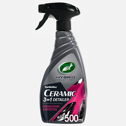 Turtle Wax Hybrid Solutions Ceramic 3-in-1 Detailer in a 500ml spray bottle. Car detailing product with ceramic wax protection.