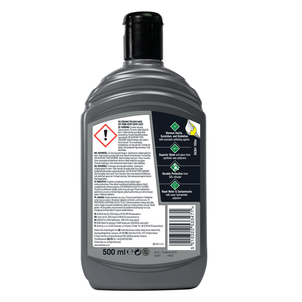 Grey bottle of Turtle Wax Hybrid Solutions polish. 
Removes scratches, adds shine, protects with SiO2, and repels water. 500ml.