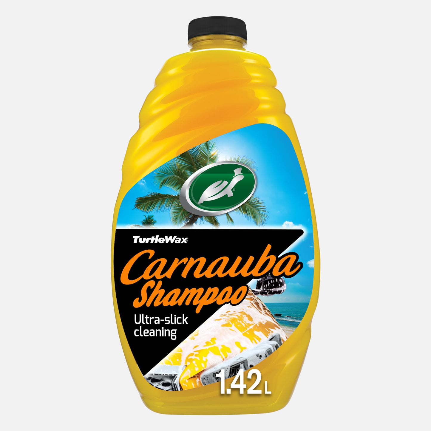Yellow Turtle Wax bottle showing Carnauba Shampoo. Features Turtle Wax logo, car wash application, tropical scent icon, and water repellency claims.
