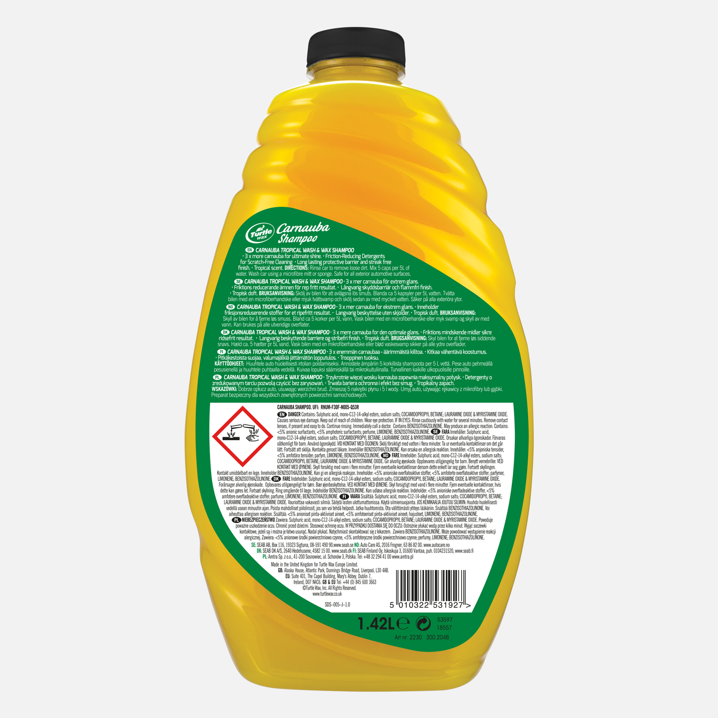 Yellow Turtle Wax back of bottle showing Carnauba Shampoo. Features Turtle Wax logo, car wash application, tropical scent icon, and water repellency claims.
