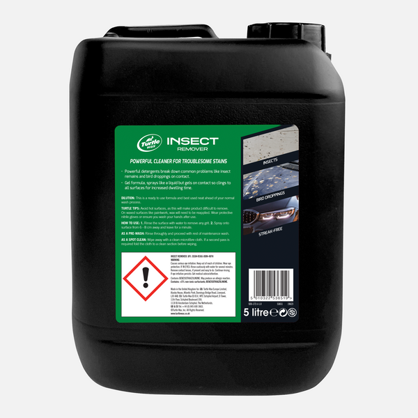 Turtle Wax Insect Remover 5L. Powerful cleaner for windscreens, bonnets. Removes bug splatter, bird lime, leaving a streak-free finish.
