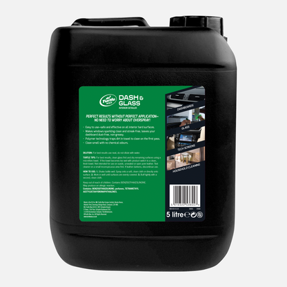Turtle Wax dash and glass cleaner for interior car detailing. 5L bottle. Safe for dashboards, glass, tech screens and household surfaces.