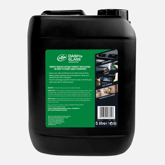Turtle Wax dash and glass cleaner for interior car detailing. 5L bottle. Safe for dashboards, glass, tech screens and household surfaces.