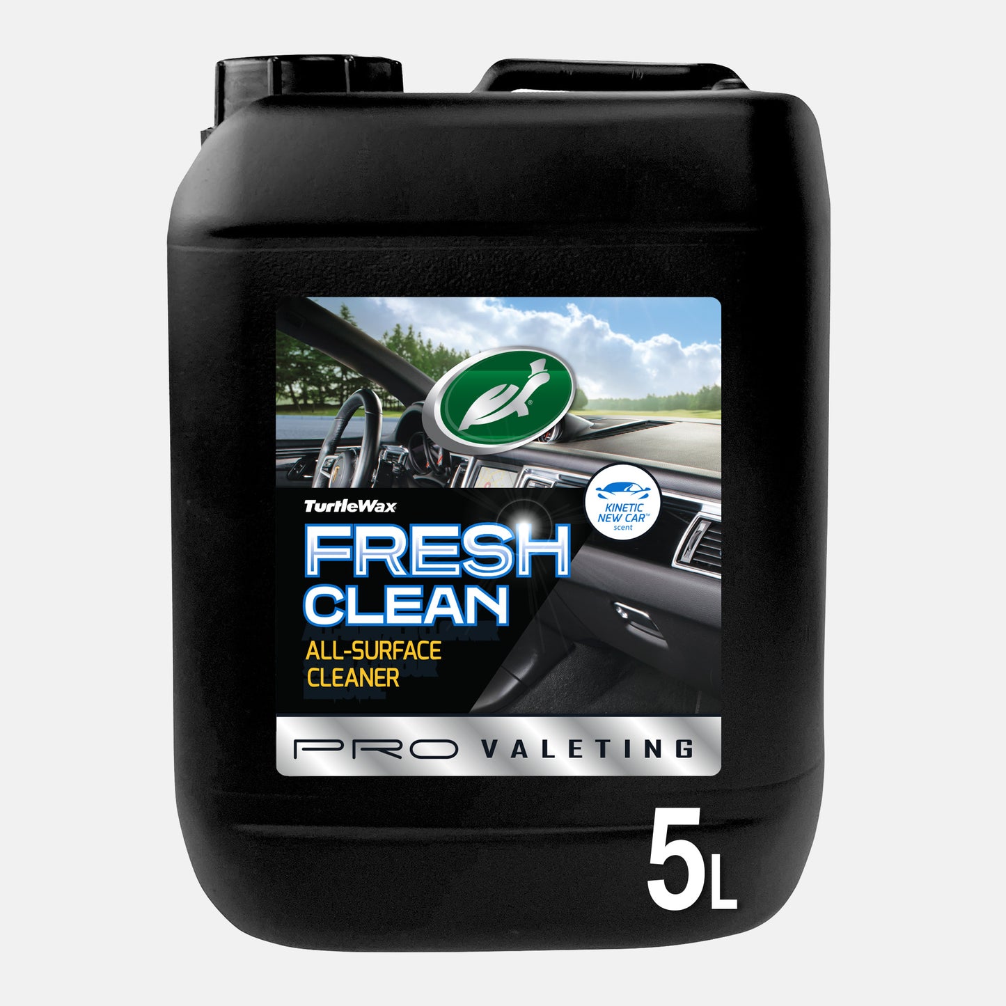 Black 5L Turtle Wax Fresh Clean multi-surface cleaner for car interiors, shown with car dashboard graphic. Stain and odour removal. Pro Valeting.
