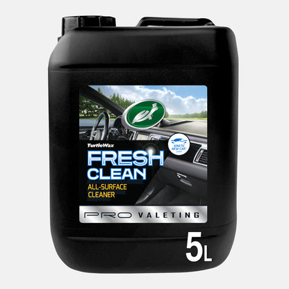 Black 5L Turtle Wax Fresh Clean multi-surface cleaner for car interiors, shown with car dashboard graphic. Stain and odour removal. Pro Valeting.