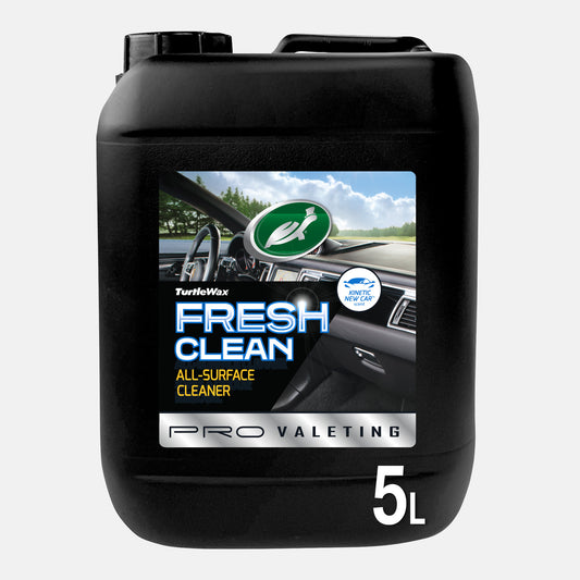 Black 5L Turtle Wax Fresh Clean multi-surface cleaner for car interiors, shown with car dashboard graphic. Stain and odour removal. Pro Valeting.