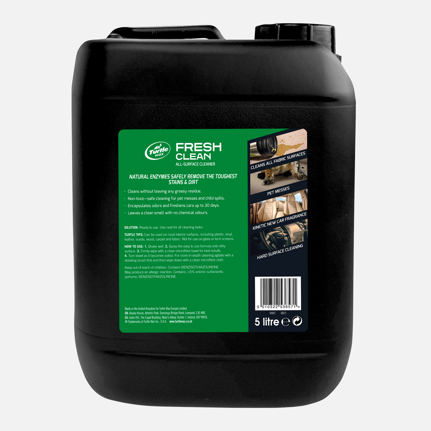 Turtle Wax Fresh Clean 5L: Multi-surface cleaner. Natural enzymes remove tough stains. Ideal for fabric, pet messes, & car interiors.