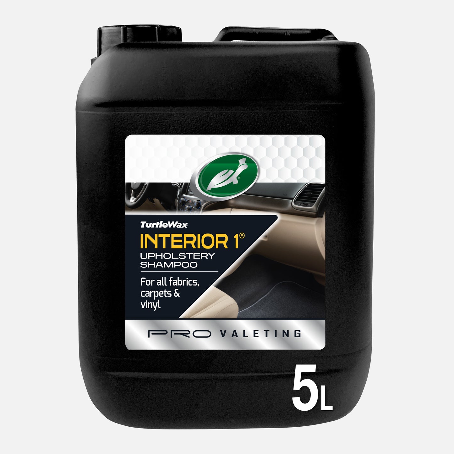 Turtle Wax Interior 1 upholstery cleaner in a 5L container. Quick and easy cleaning for fabrics, carpets & vinyl with a fresh scent.