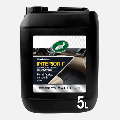 Turtle Wax Interior 1 upholstery cleaner in a 5L container. Quick and easy cleaning for fabrics, carpets & vinyl with a fresh scent.