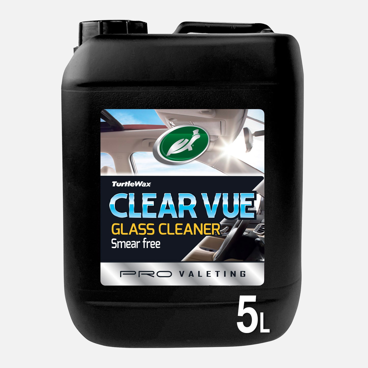 Turtle Wax CLEARVUE glass cleaner, 5L. Streak-free formula for vehicle windows. Ideal for pro valeting & easy use.