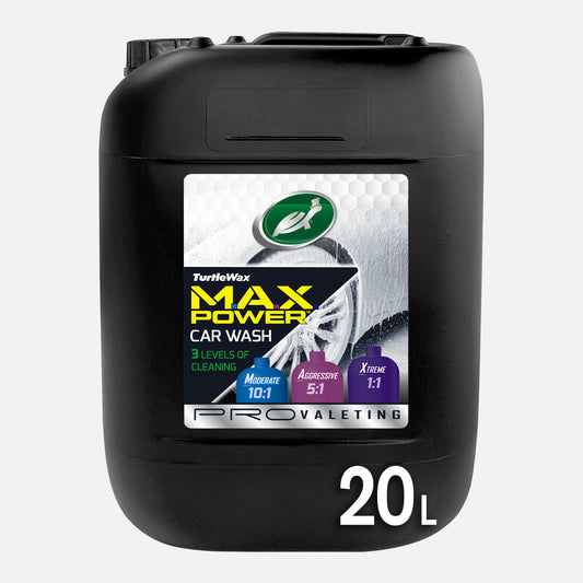 Turtle Wax Max Power 20L: Car wash & traffic film remover with 3 cleaning levels: moderate, aggressive, & extreme for valeting.

