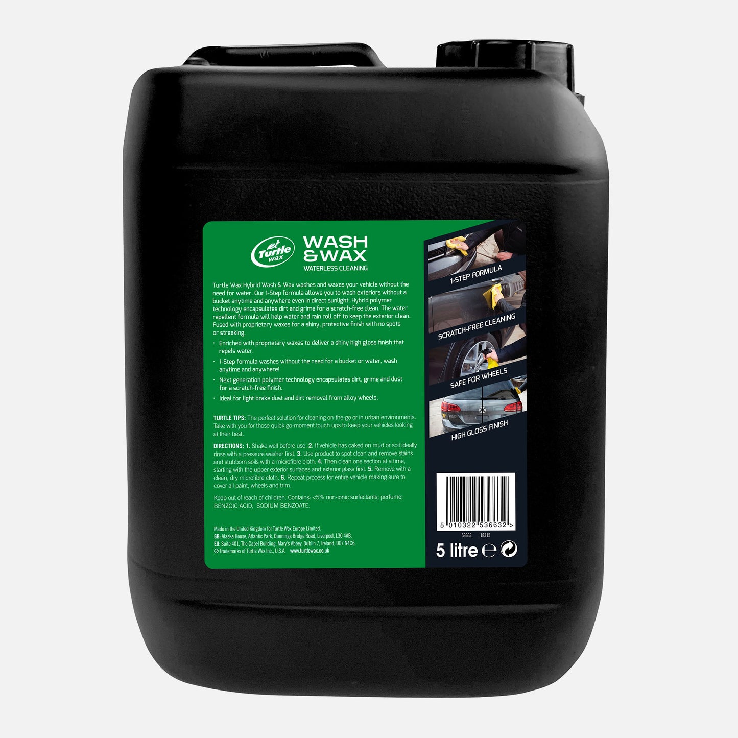 Turtle Wax Hybrid Wash & Wax: Waterless cleaner for a high gloss finish. 5L bottle offers 1-step scratch-free car detailing. Safe for wheels.