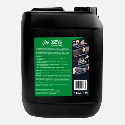 Turtle Wax Hybrid Wash & Wax: Waterless cleaner for a high gloss finish. 5L bottle offers 1-step scratch-free car detailing. Safe for wheels.