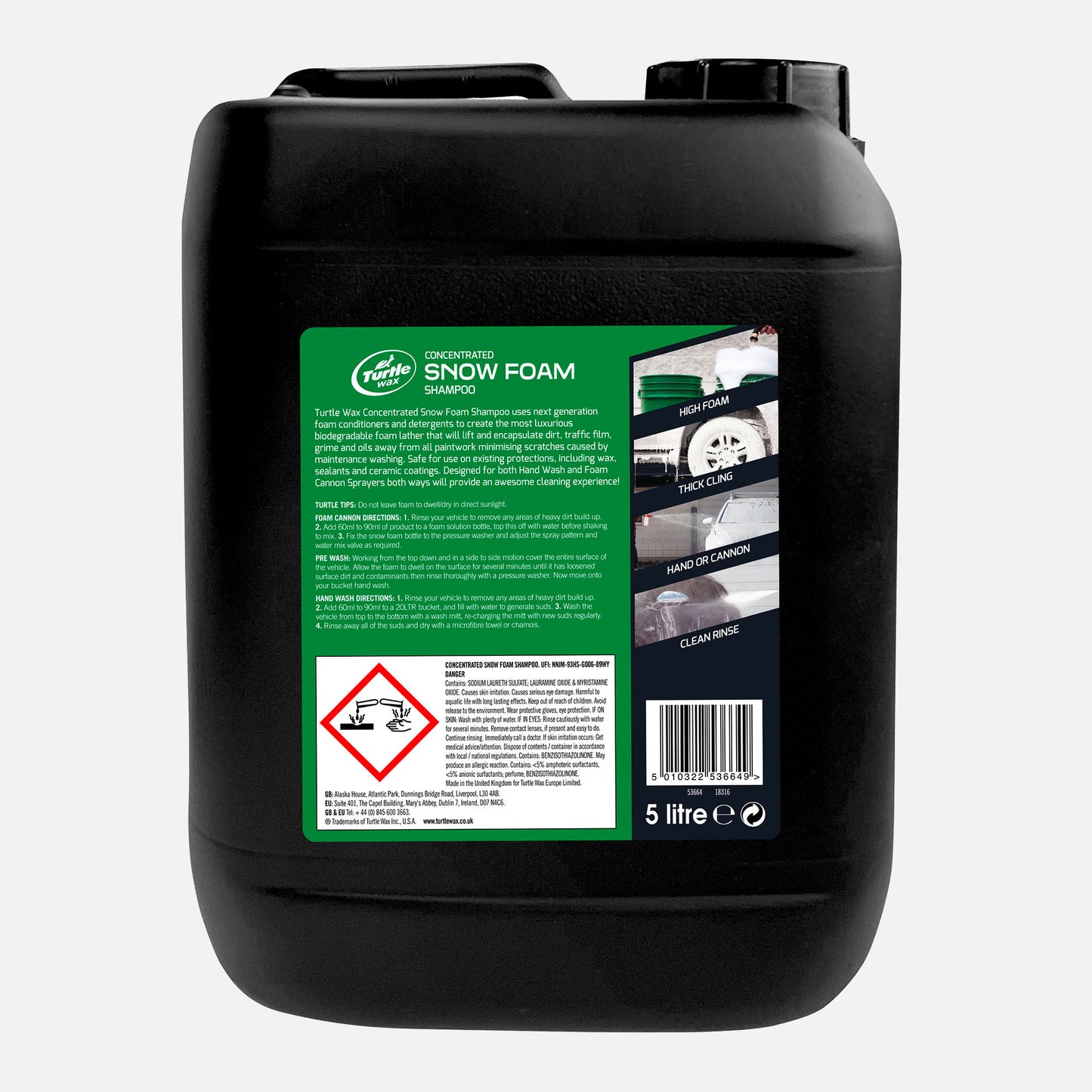 Turtle Wax's 5L concentrated car snow foam ensures a luxurious, biodegradable lather. Suitable for foam cannons or hand washing cars.