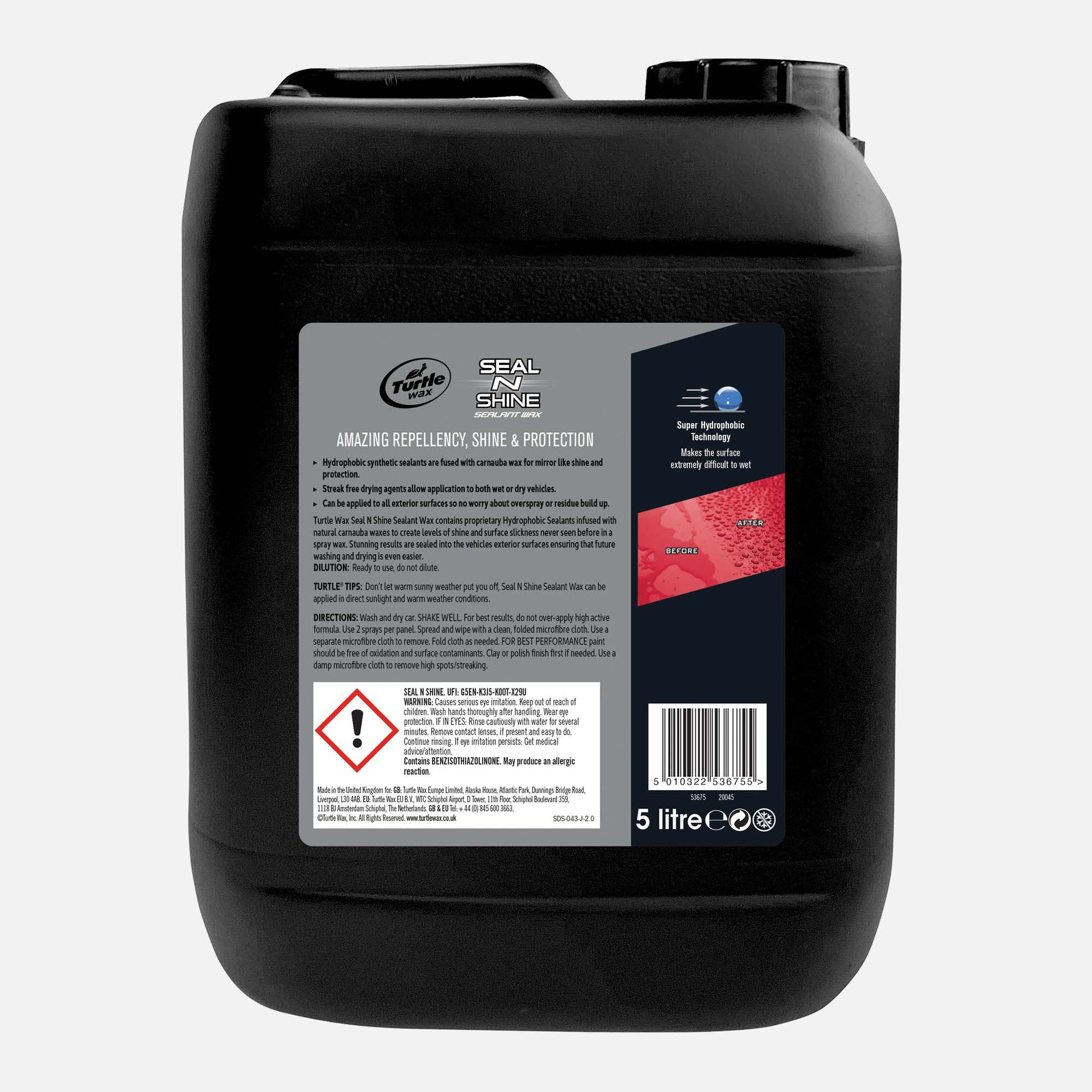 Turtle Wax Seal 'n Shine 5L container for hydrophobic car paint protection. For amazing repellency, shine, and long-lasting weatherproofing.