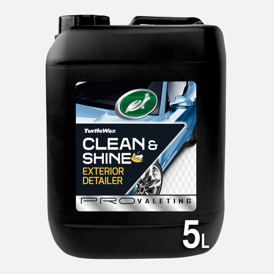 Black 5L container of Turtle Wax Clean & Shine Total Exterior Detailer. Running turtle logo is visible.