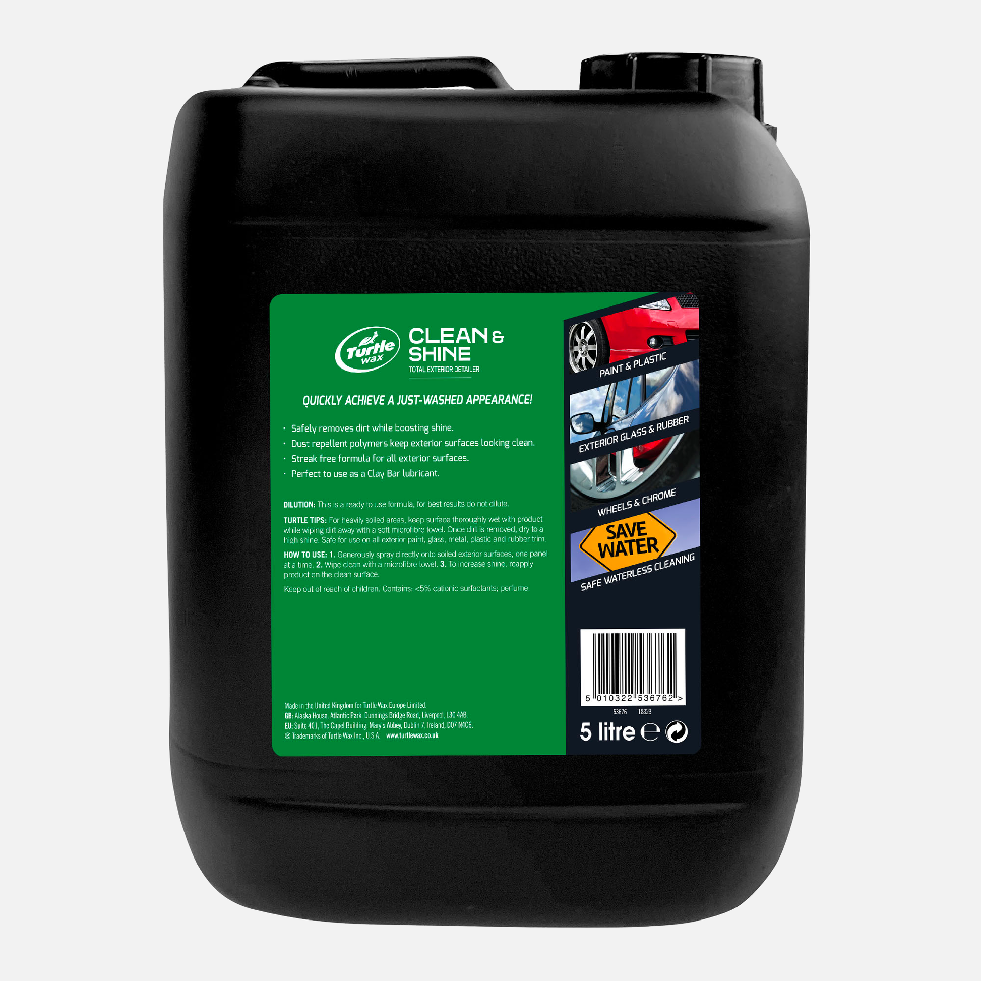 Turtle Wax Clean & Shine 5L. Waterless car detailing solution. Safe on paint, plastic, glass, wheels & chrome. UK-made.