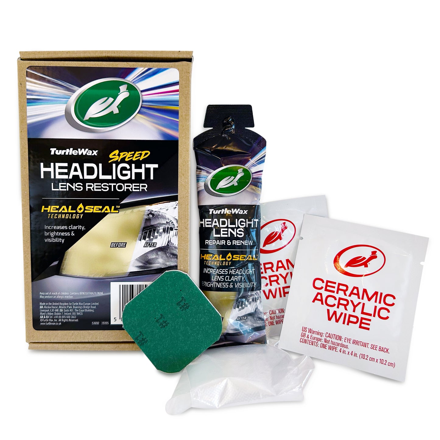 Turtle Wax headlight lens restorer kit. Includes compound, sanding pad, glove, and ceramic acrylic wipes for improved clarity.