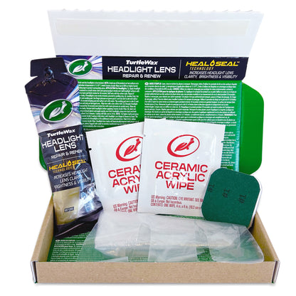 Turtle Wax headlight restorer kit. It uses Heal & Seal Tech to renew foggy lenses, improving brightness & visibility. Before & After photos.