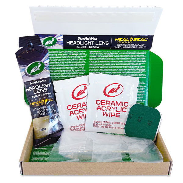 Turtle Wax headlight restorer kit. It uses Heal & Seal Tech to renew foggy lenses, improving brightness & visibility. Before & After photos.