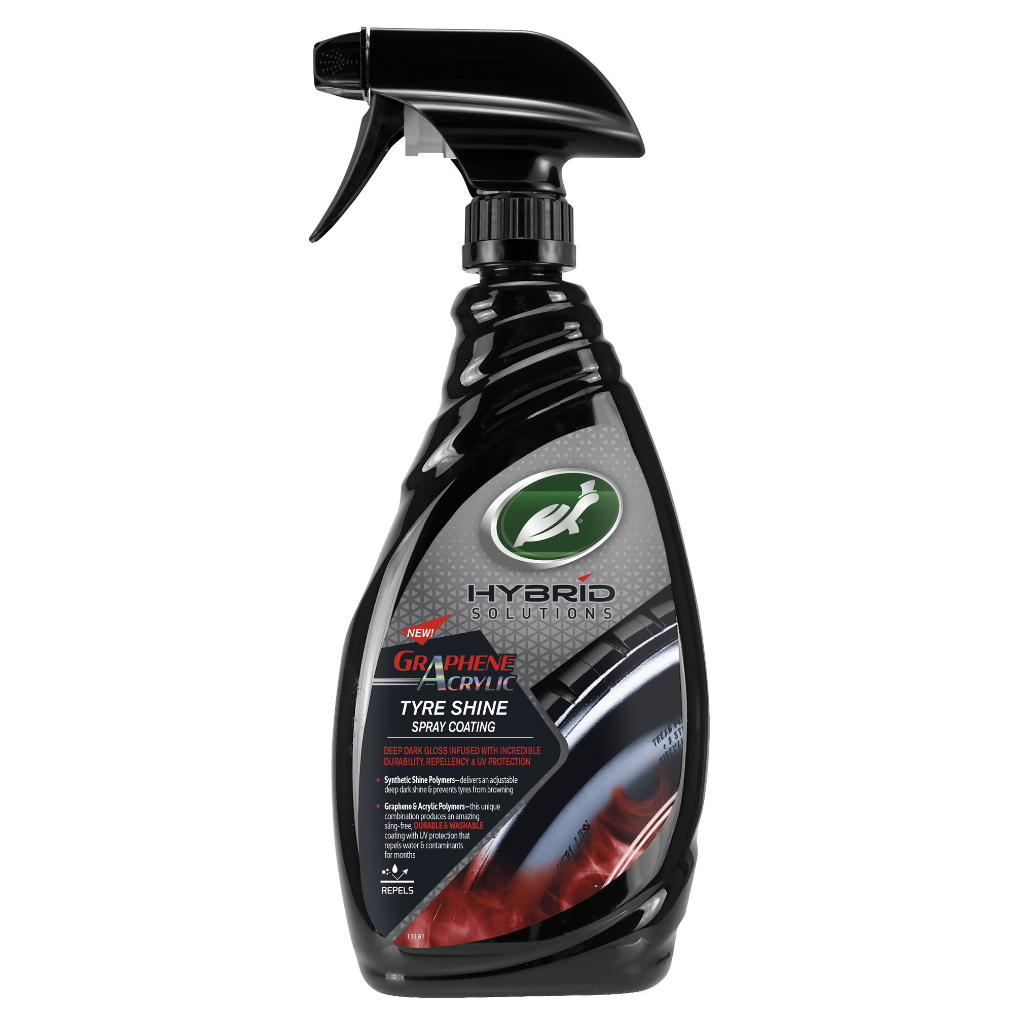 Turtle Wax Hybrid Solutions Graphene Acrylic Tyre Shine Spray Coating provides durable, washable tyre protection with UV protection. Deep, dark gloss finish.
