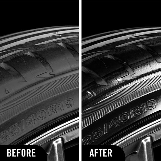 Before and after comparison of a tire gloss after using the hybrid solutions acrylic tyre shine