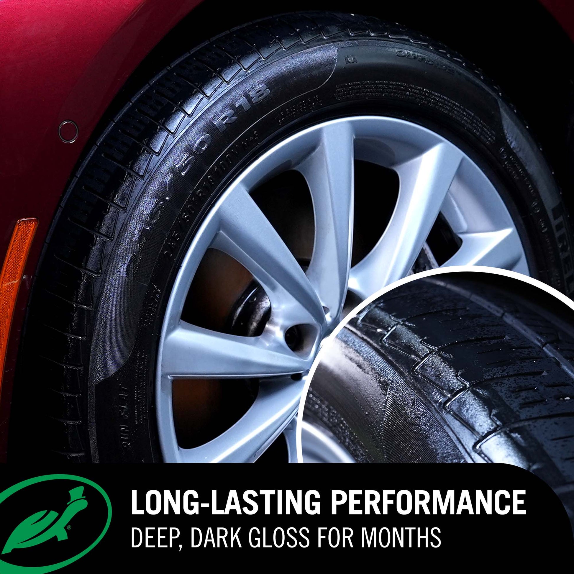 Car tire with rim and close-up of tread pattern after using hybrid solutions Graphene acrylic tyre shine with a , labeled 'Long-Lasting Performance'.