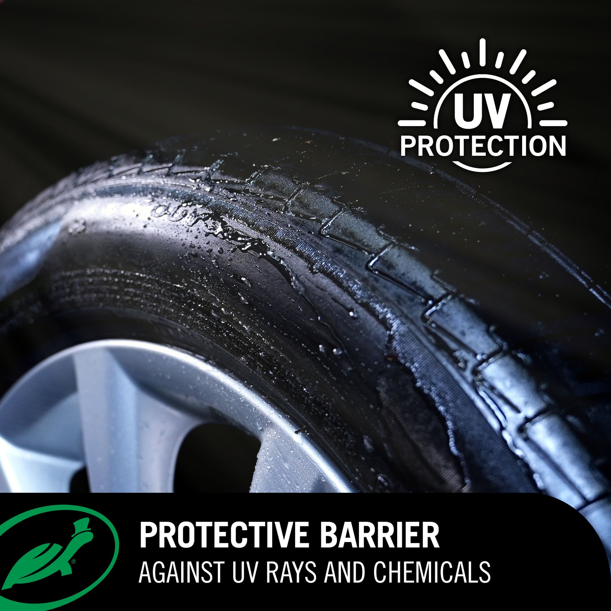 Tire with UV protection label and text about protective barrier against UV rays and chemicals found in hybrid solutions Graphene acrylic tyre shine