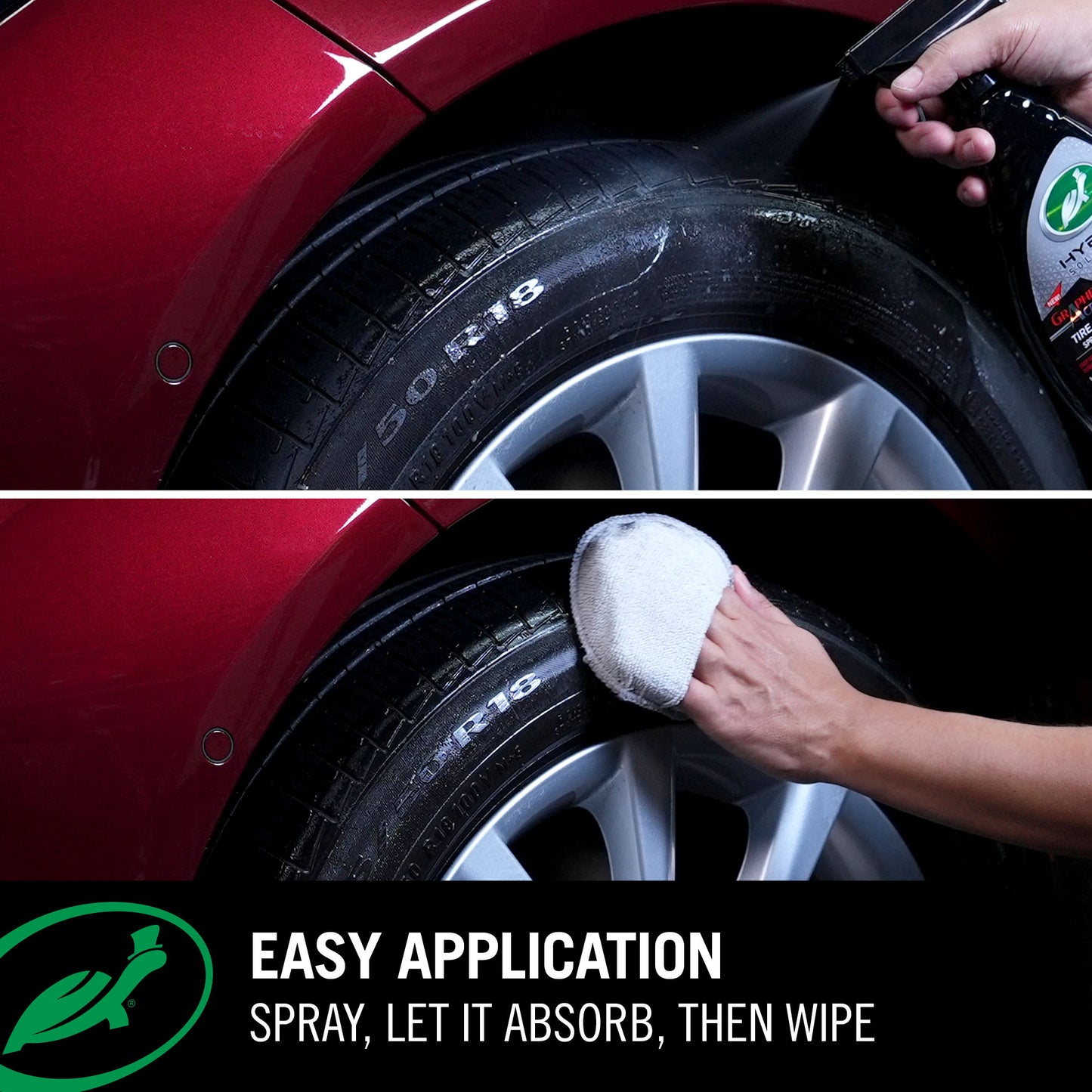 hybrid solutions Graphene acrylic tyre shine being used on a car tyre with infographic advising of it easy application