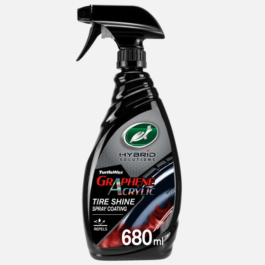 Turtle Wax Hybrid Solutions Graphene Acrylic Tyre Shine Spray Coating provides durable, washable tyre protection with UV protection. Deep, dark gloss finish.