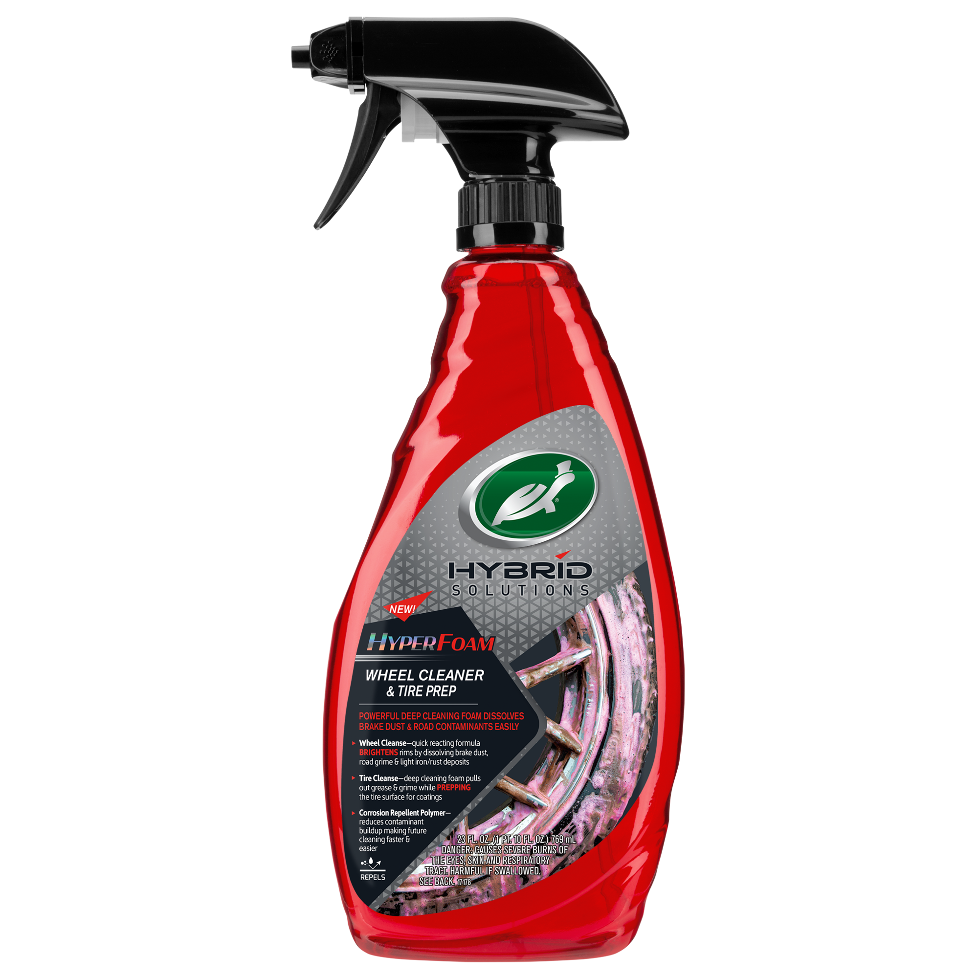 Turtle Wax Hybrid Solutions Hyper Foam Wheel Cleaner and Tyre Prep in a red bottle with black spray trigger. Cleans & prepares wheels/tyres.