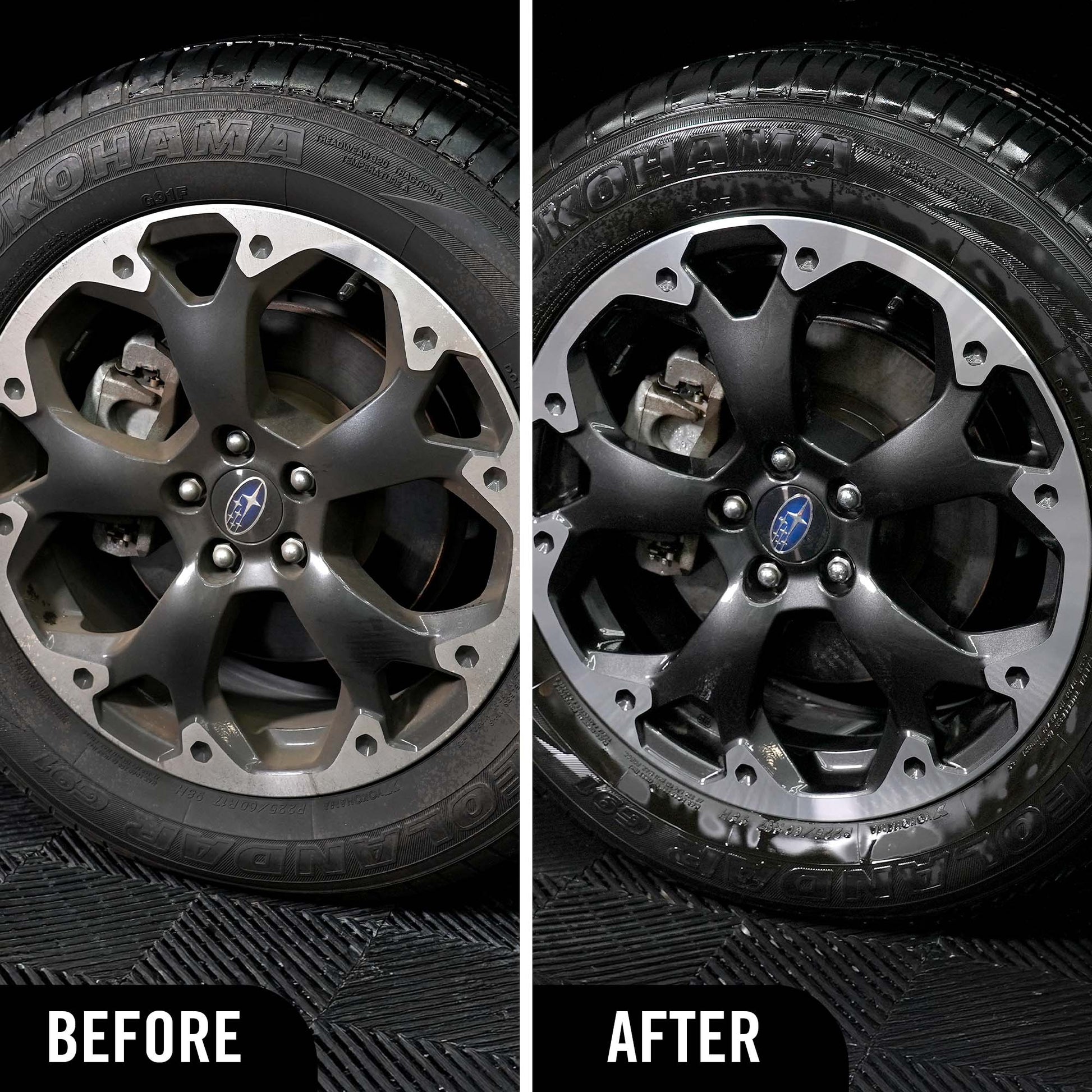 Before and after comparison of a car wheel with a visible cleaning effect after using Hyperfoam Wheel and Tyre Cleaner