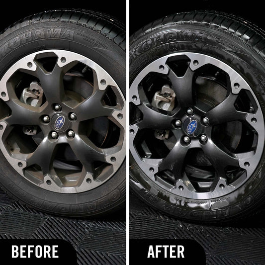 Before and after comparison of a car wheel with a visible cleaning effect after using Hyperfoam Wheel and Tyre Cleaner