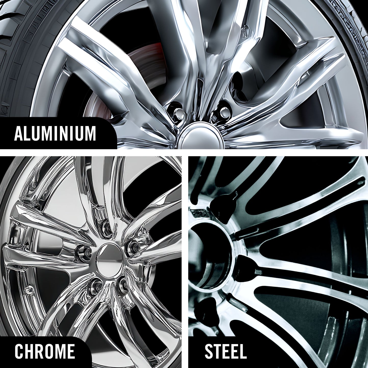 Hyperfoam Wheel and Tyre Cleaner works on different wheels, Aluminium, Chrome and Steel alloys