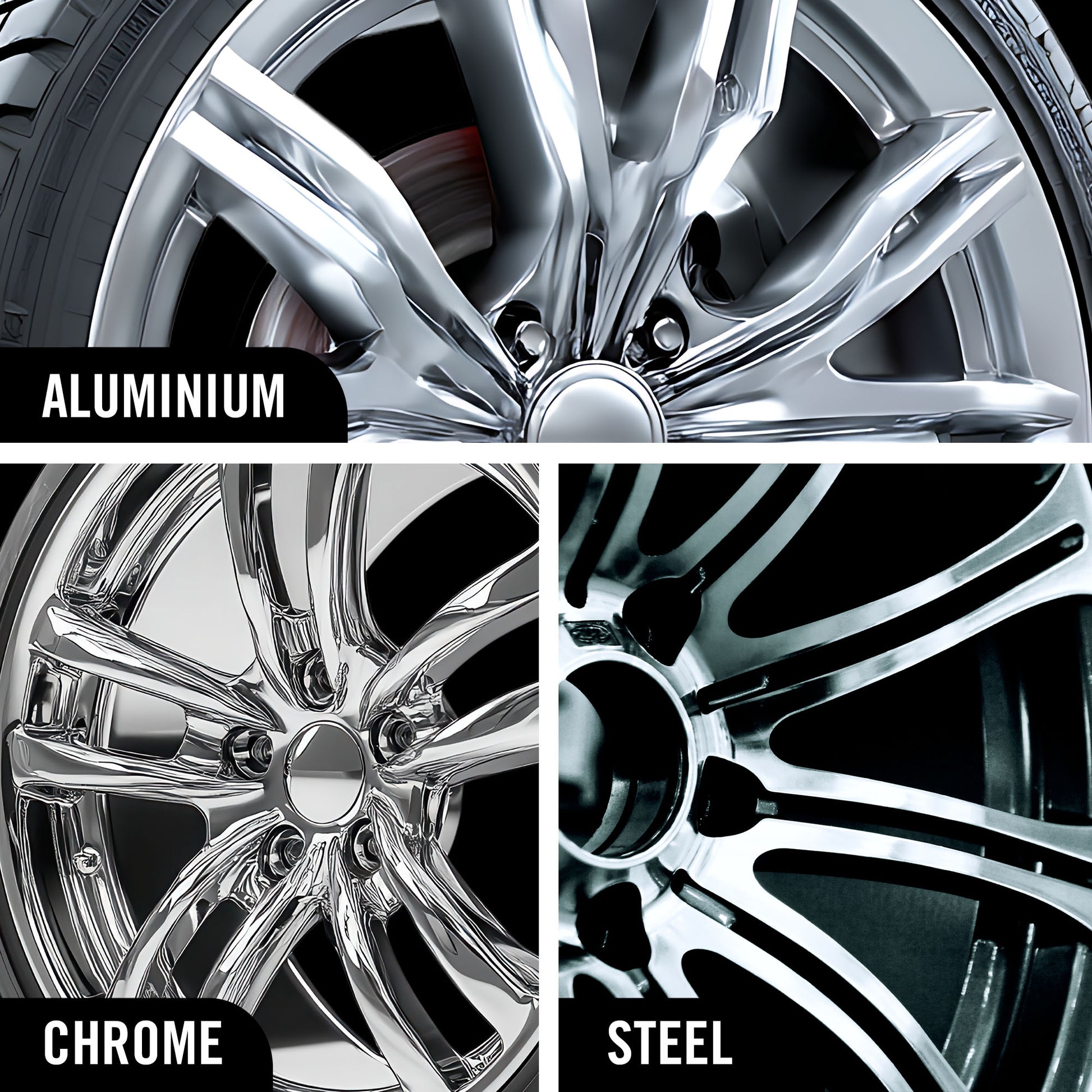 Hyperfoam Wheel and Tyre Cleaner works on different wheels, Aluminium, Chrome and Steel alloys