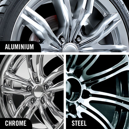 Hyperfoam Wheel and Tyre Cleaner works on different wheels, Aluminium, Chrome and Steel alloys