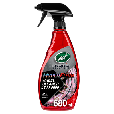 Turtle Wax Hybrid Solutions Hyper Foam Wheel Cleaner and Tyre Prep in a red bottle with black spray trigger. Cleans & prepares wheels/tyres.