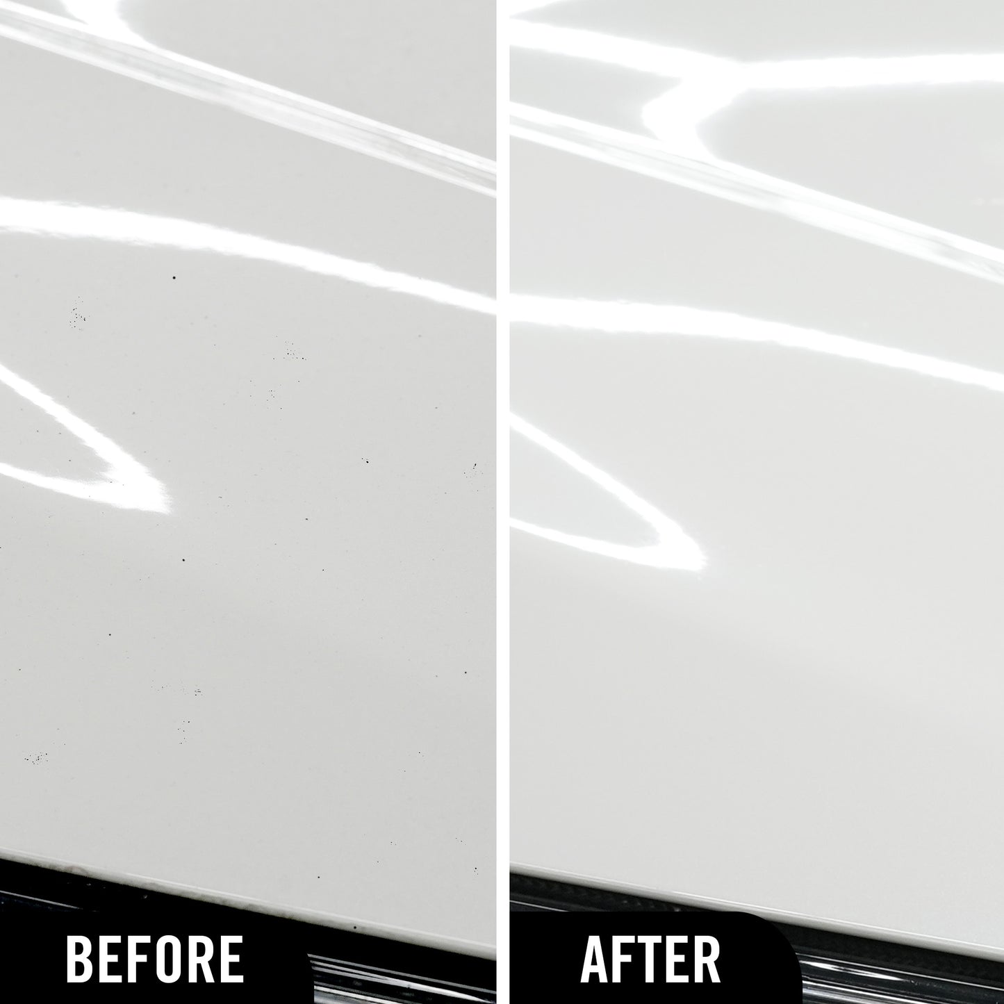 Before and after comparison of a car's paint finish following use of the hybrid solutions iron remover