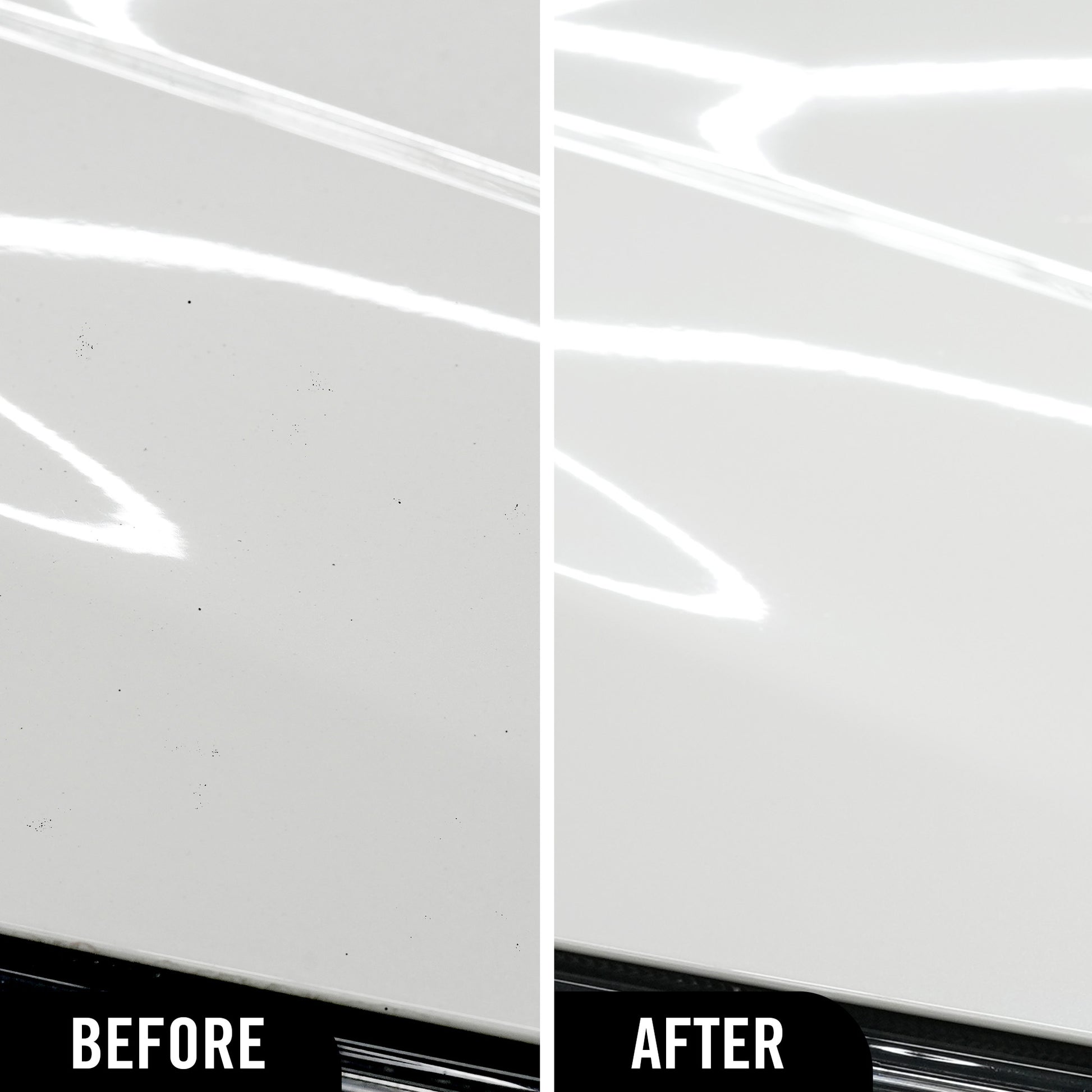 Before and after comparison of a car's paint finish following use of the hybrid solutions iron remover