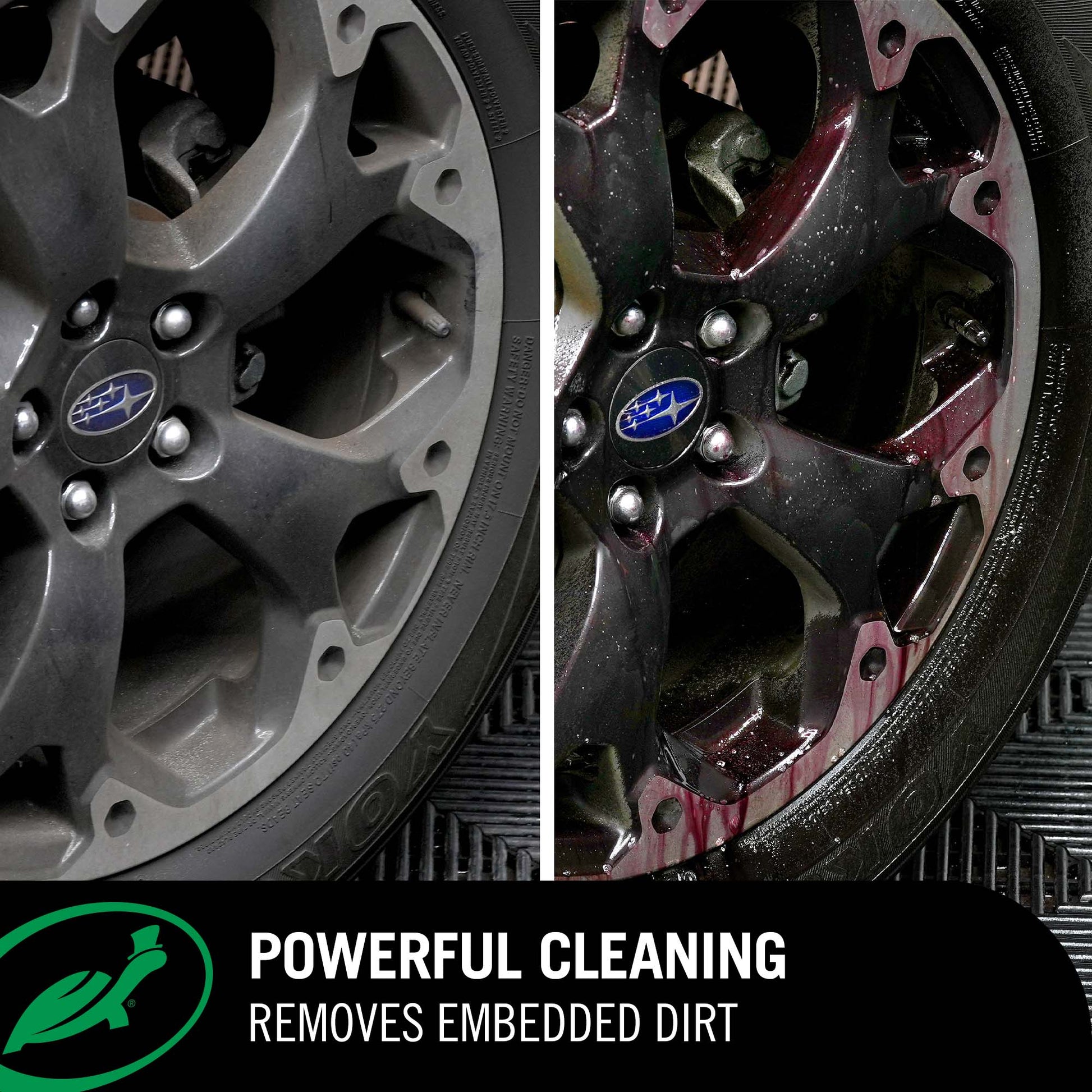 Before and after comparison of a car wheel with embedded dirt being cleaned after using hybrid solutions iron remover