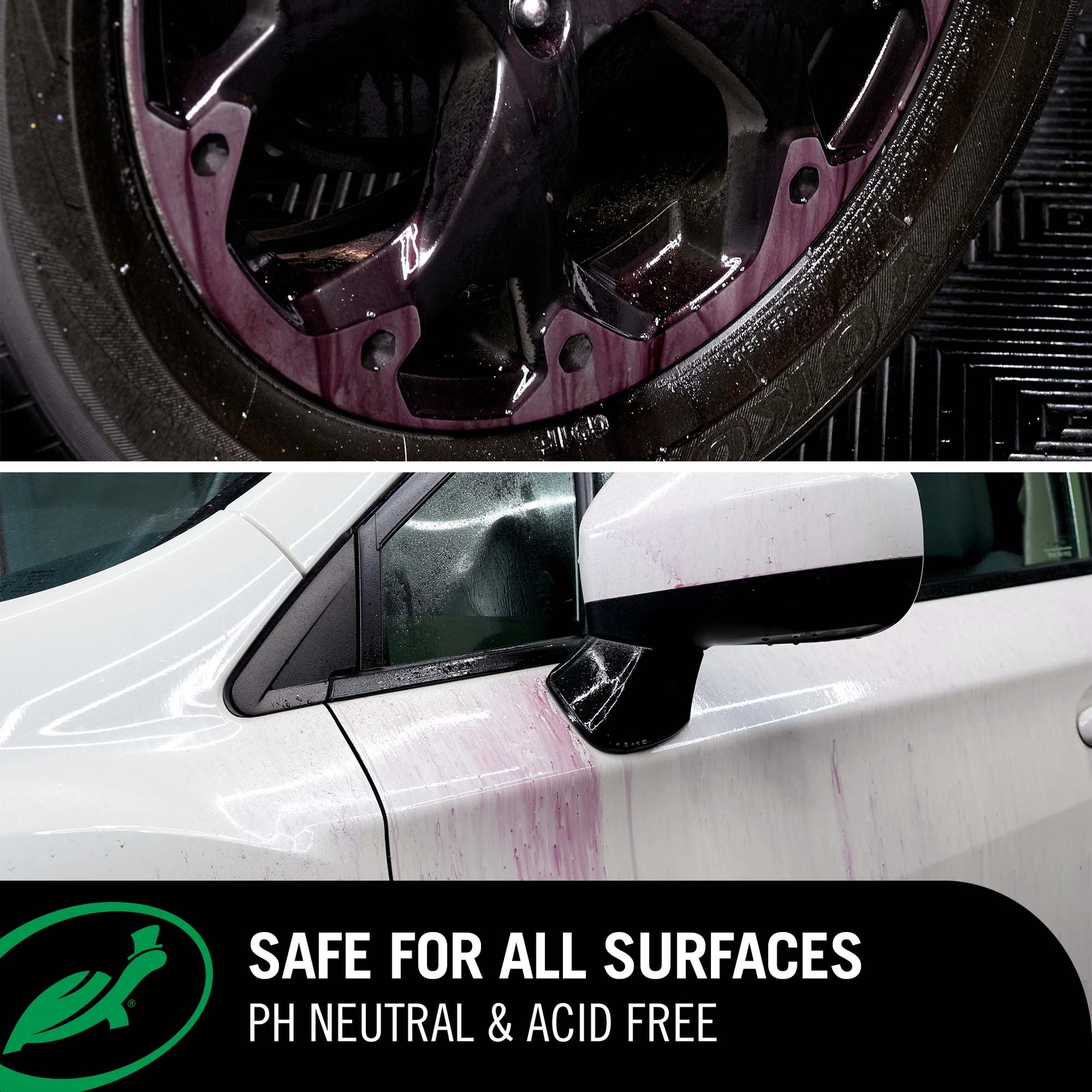 Car wheel and side mirror with visible damage, labeled 'Safe for all surfaces, pH neutral & acid free'. 