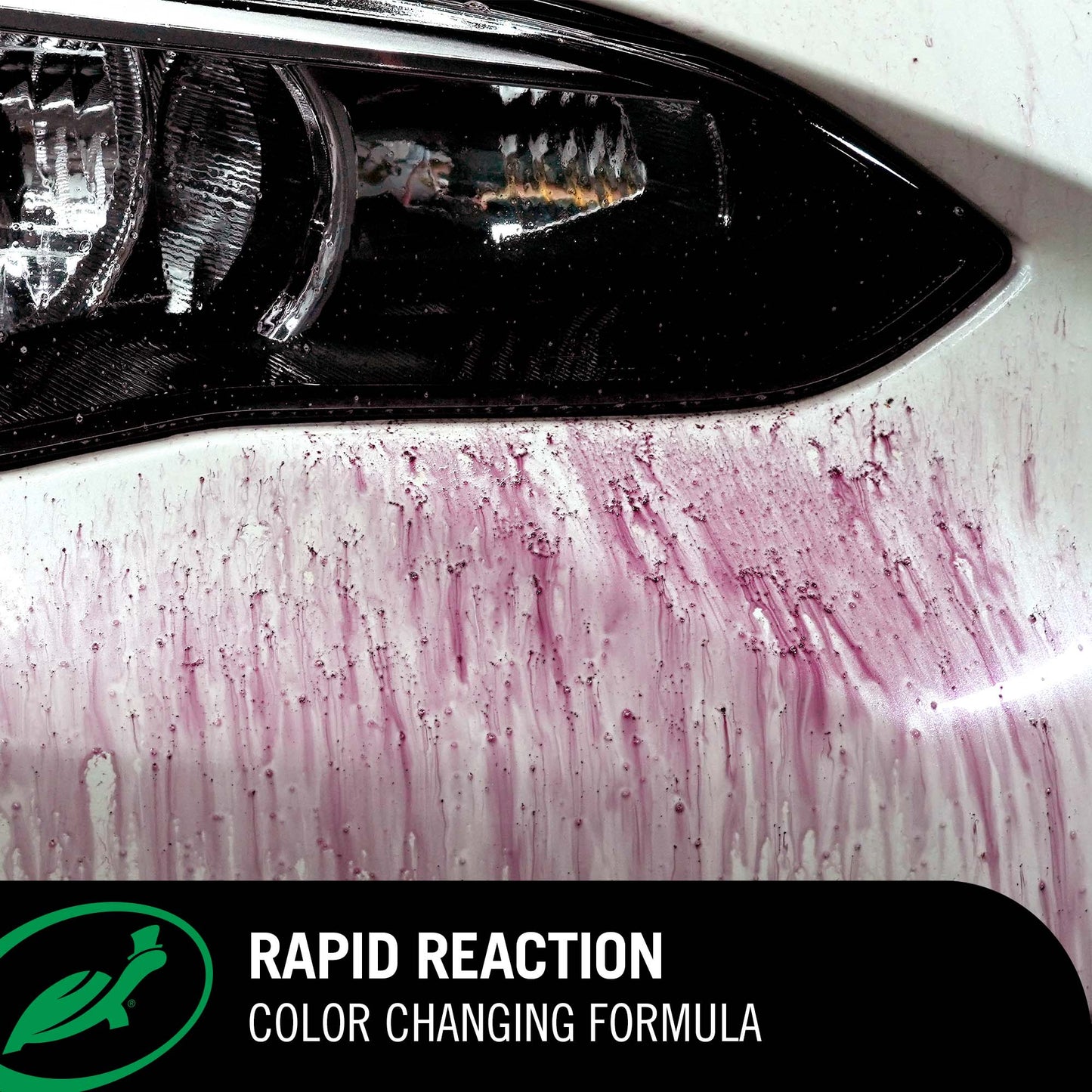 Car headlight with pink and white color-changing substance applied, labeled 'Rapid Reaction Color Changing Formula'.
