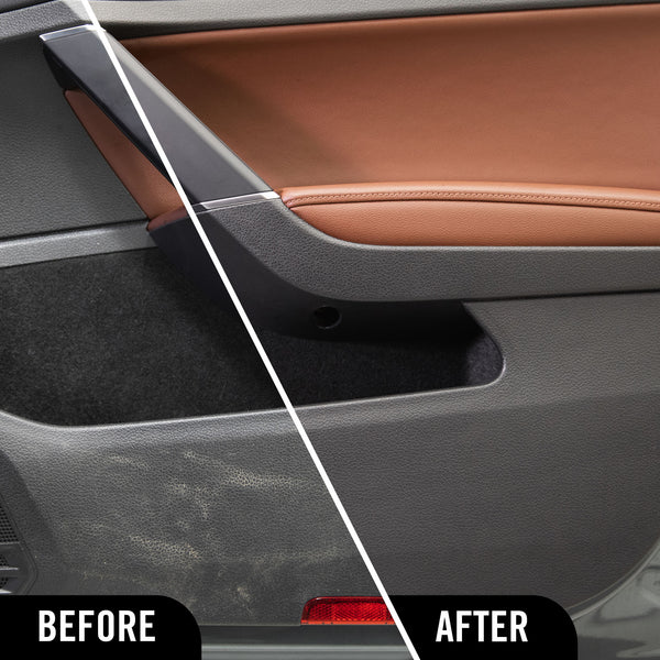 Car interior panel showing before and after cleaning or restoration.